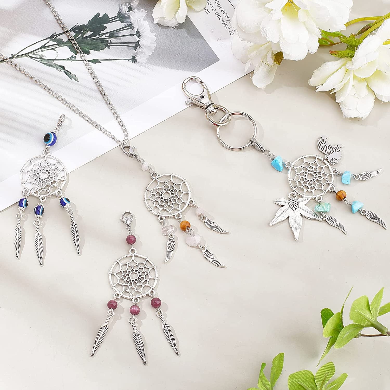 32 Pcs 11 Styles Dreamcatcher Charms Colorful Wood Beads Dream Catcher Pendants with Alloy Findings Lobster Claw Clasps and Feathers for Earrings Necklace and Keyring MakingMixed Color