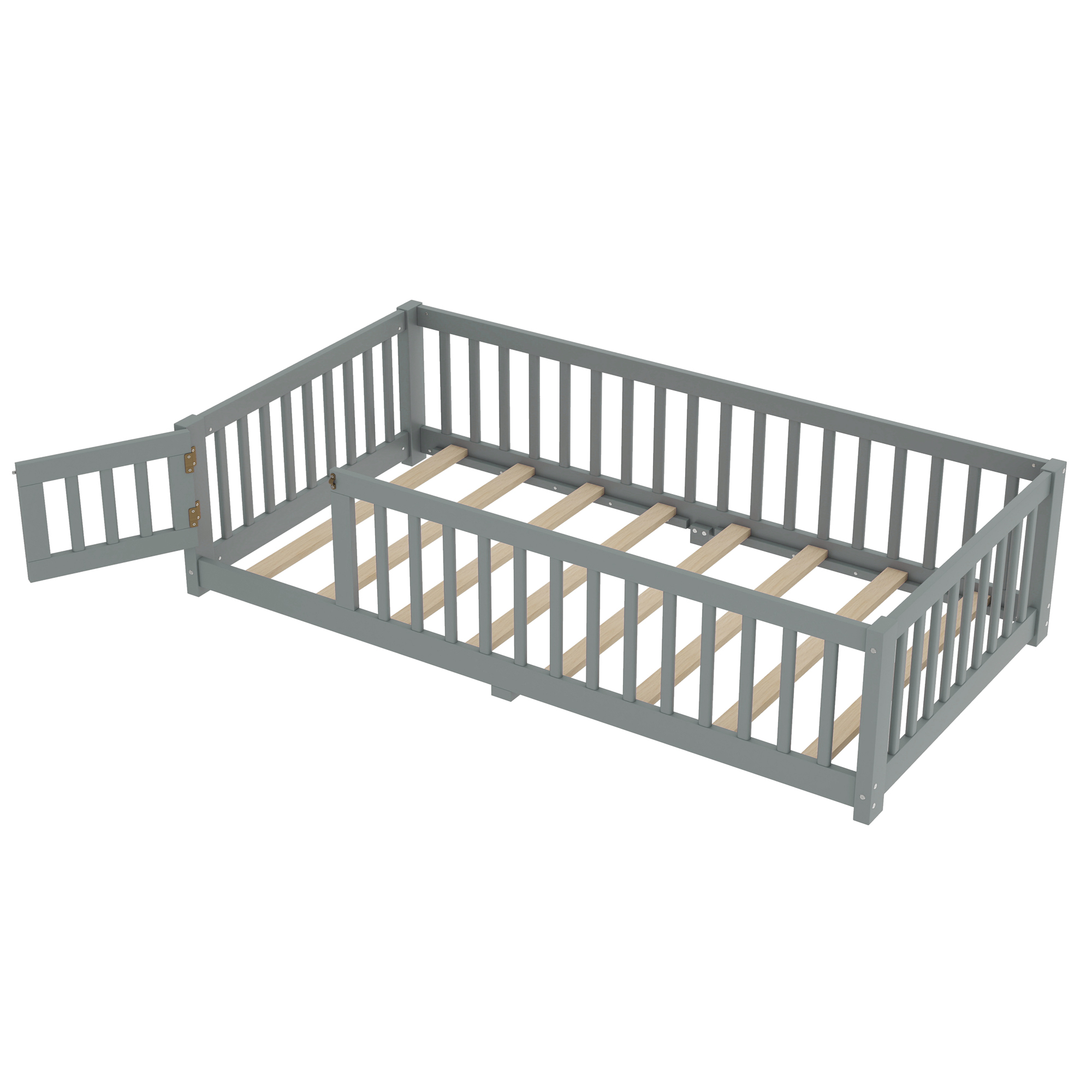 Jopath Twin Size Floor Bed Frame,Montessori Bed with Guardrails and Door,with Slatted Base,for Kids,Boys,Girls,Gray