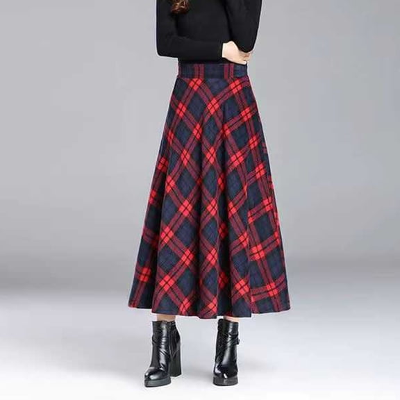 Womens Plaid Wool Blend Skirts Elastic Waist A-Line Pleated Long Skirts (Red L)