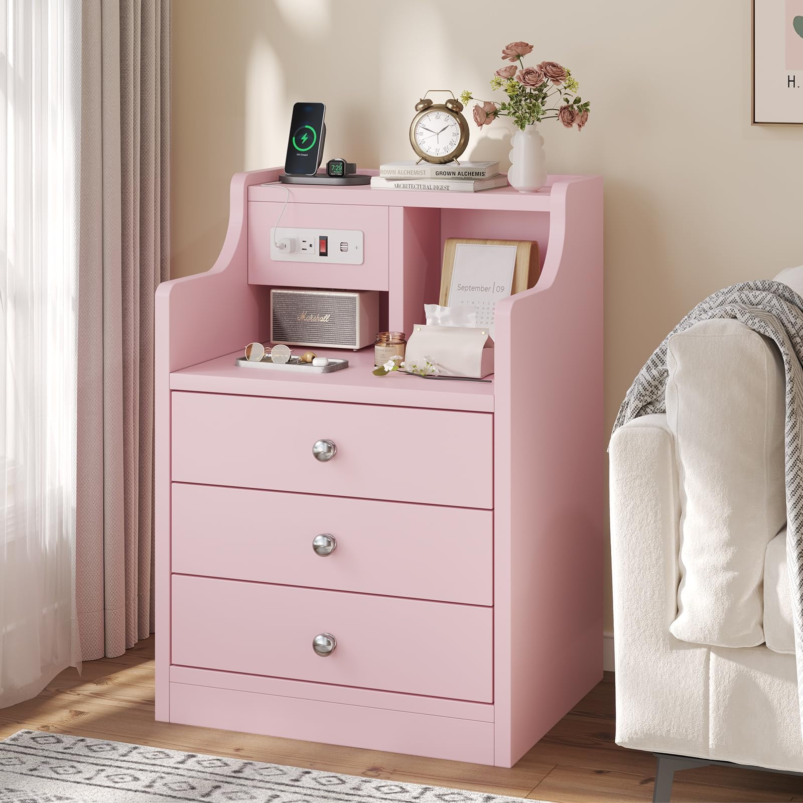 AMUZER Nightstand with Charging Station, Night Stand with 3 Drawers and Open Storage, Bedside Table with 2 USB Ports & 2 Outlets, Modern End Table Bedroom, Pink
