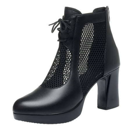 

kpoplk Boots for Women Ankle Booties Wide High Heel Lace Up Outwear Fashionable Classic Black Ankle Boots Thick Heel Mesh (Black 7)