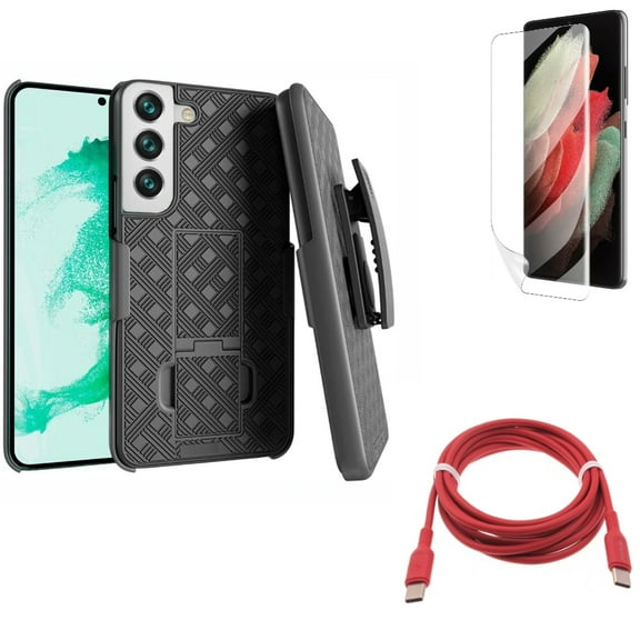 Case Belt Clip & Matte Screen Protector & Red 6ft Long Cable for Samsung Galaxy S22 Plus (S22 ) - Combo Holster Swivel Cover & TPU Film Anti-Glare & USB-C to Type-C PD Fast Charger Cord