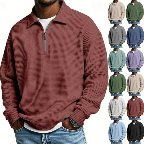 Long Sleeve Polo Pullover Sweatshirt for Men Quarter Zip Corduroy Waffle Knit Mock Turtleneck Soft Casual Warm Shirt Complexion S