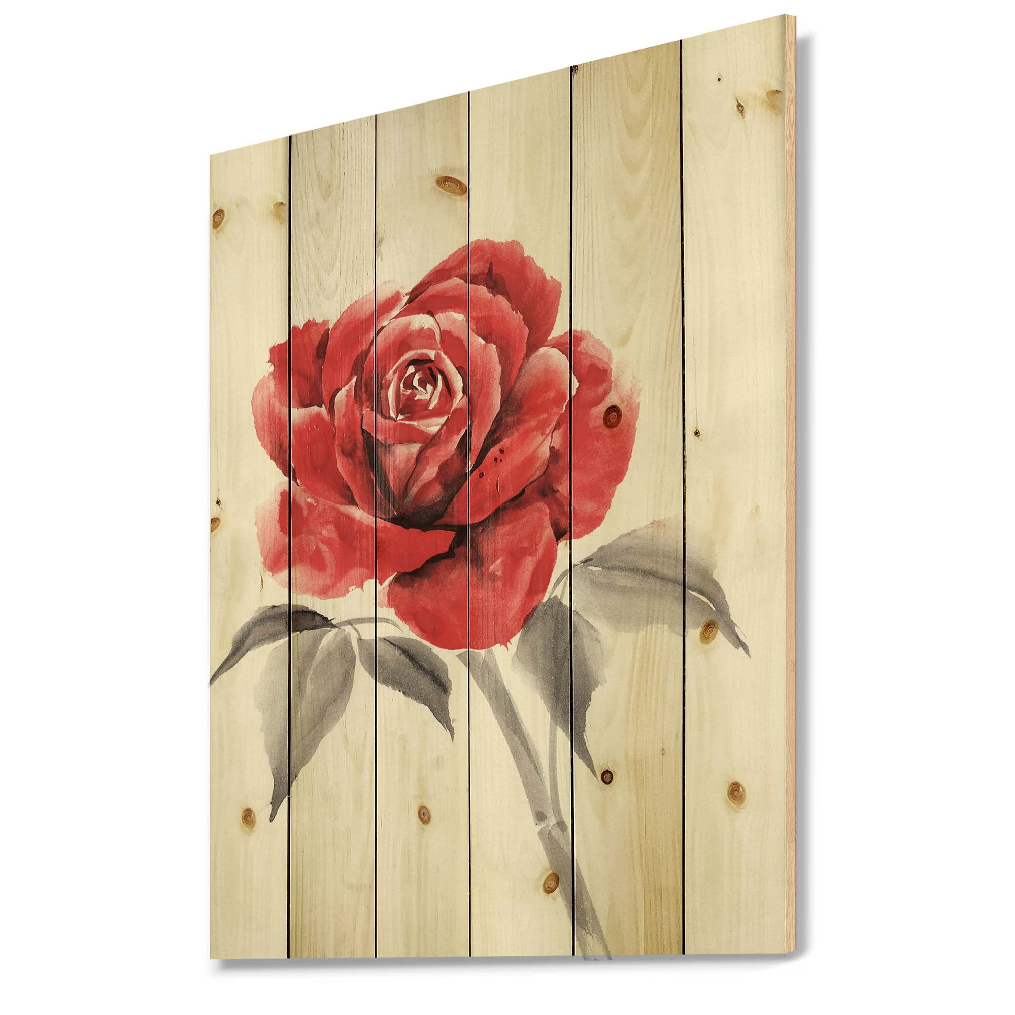 Designart 'Ancient Red Rose Flower I' Traditional Print on Natural Pine Wood