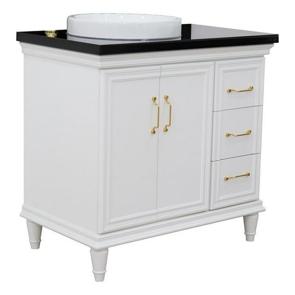 37 in. Single Wooden Vanity  White Black Galaxy Round Left Door.Left Sink