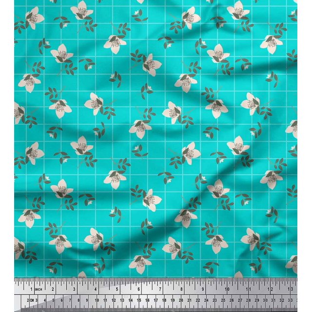 Soimoi Green Georgette Viscose Fabric Check & Floral Printed Fabric 1 Yard 42 Inch Wide
