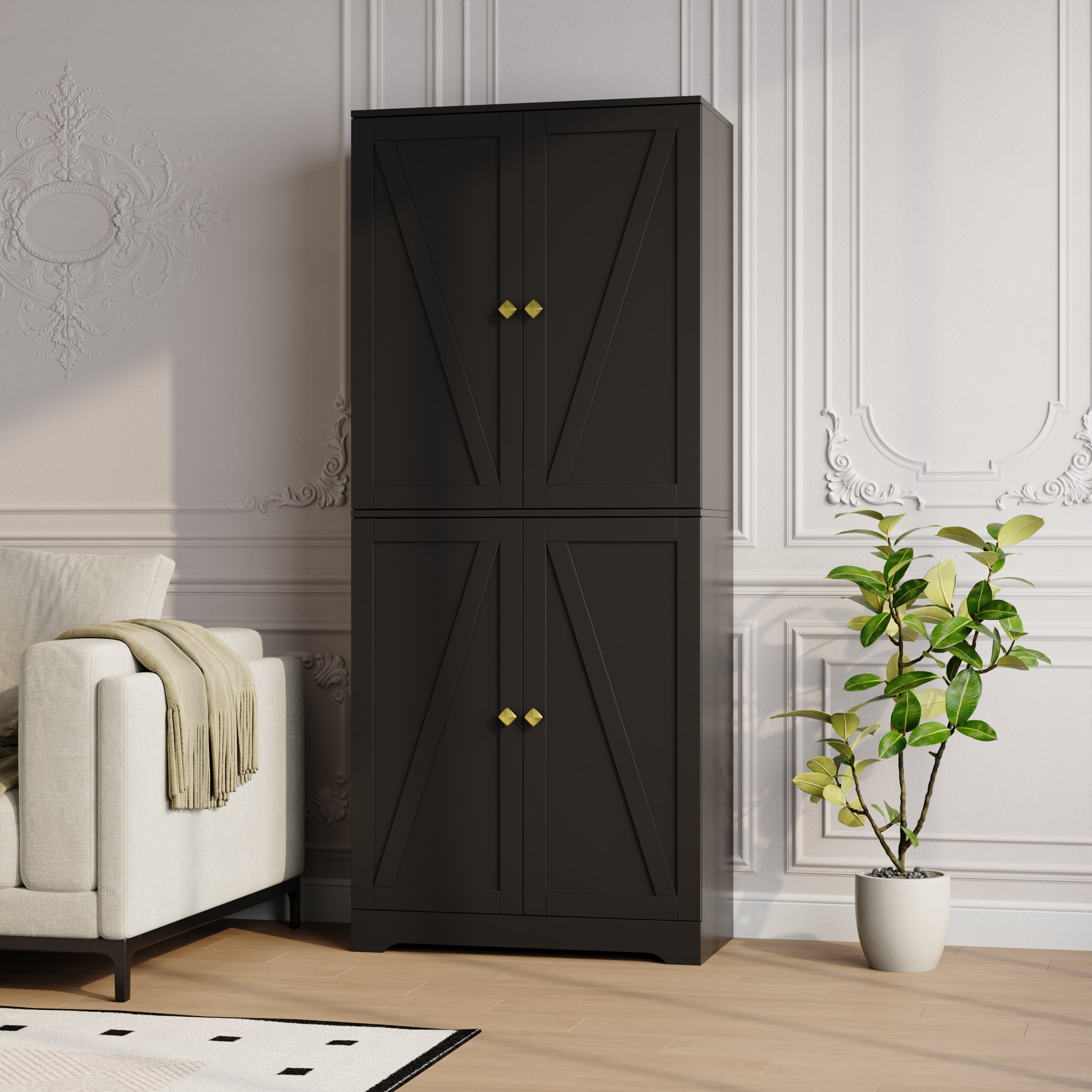 YouTrend 72'' Farmhouse Kitchen Pantry Cabinet with 4 Barn Doors,Storage Cabinet W/ 4 Shelves for Living Room,Kitchen,Bathroom,Office,Black