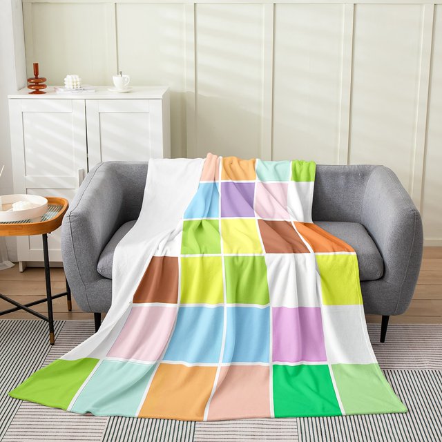 Erosebridal Colorful Checkered Throw Blanket for Couch, Geometric Plush Blanket, Cartoon Theme Decor