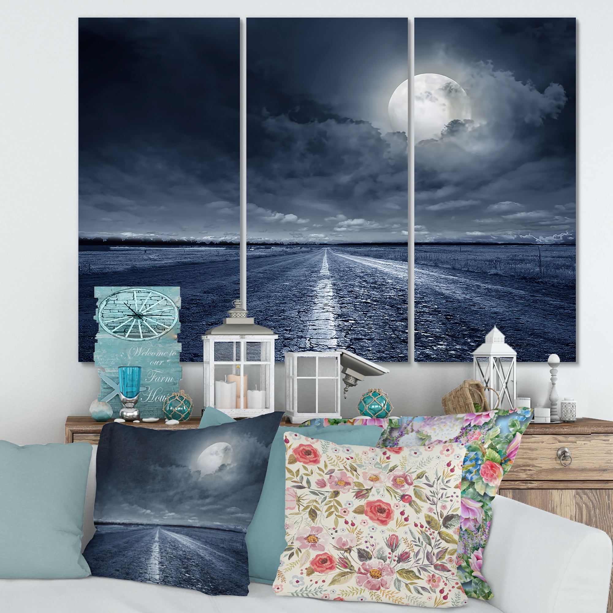 Designart ' Cloudy Full Moon Over Asphalt Road I ' Nautical & Coastal Canvas Wall Art Print