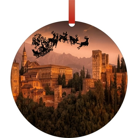 - Santa Klaus and Sleigh Riding Over The Alhambra, Granada, Spain Round Shaped Flat Semigloss Aluminum Christmas Ornament Tree Decoration - Unique Modern Novelty Tree Décor Favors