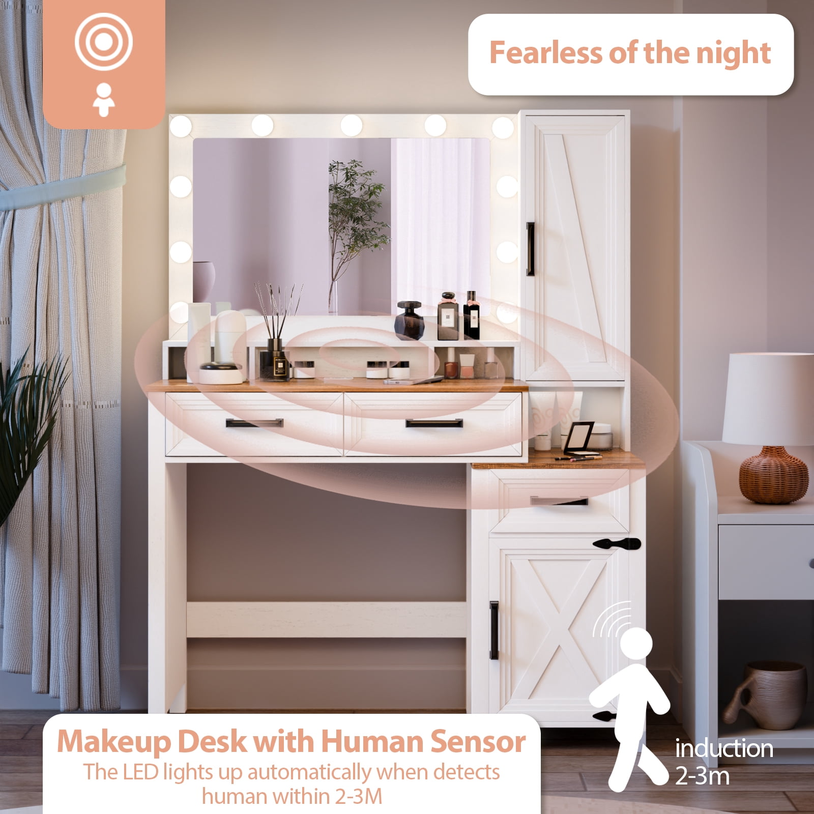 MAYEERTY 45.3" Vanity Desk with LED Lighted Mirror, Modern White Makeup Table with Charging Station & Jewelry Cabinet for Bedroom