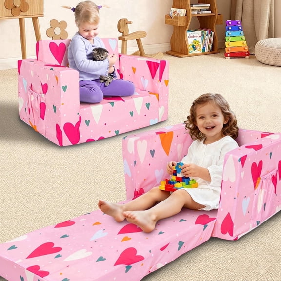 Beavtaens Toddler Sofa, 2-in-1 Pink Flip Open Toddler Couch, with Side Pocket, for Ages 18 Months