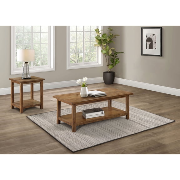 Distressed Brown 2 Piece Coffee and End Table Set for Living Room, Farmhouse Style Wood Tables with Storage Shelf and Drawer, 47.25L x 24W x 18.25H