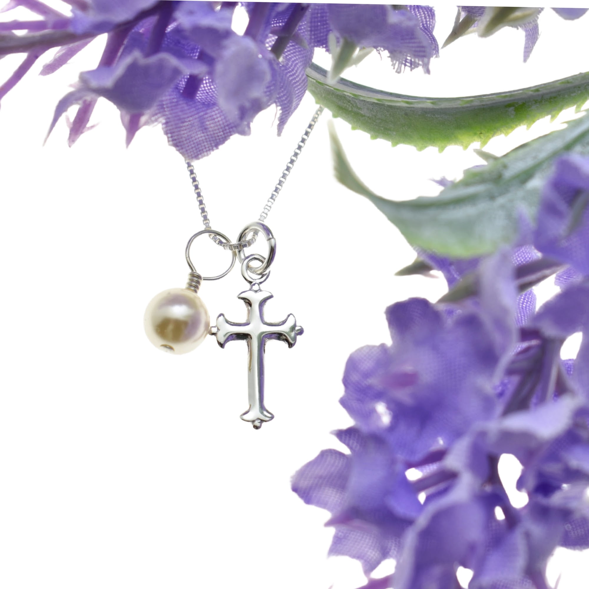 Mom and Three Daughters Cross Necklace, Sterling Silver, 14", Box Chain