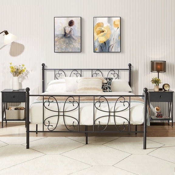 VECELO 3-Piece Bedroom Set, Queen Size Metal Platform Bed Frame and Black Nightstand