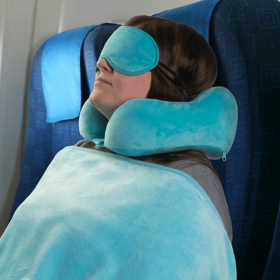 Home-Complete 1.65-lb 11-inch Travel Neck Pillow Set with Fleece Blanket and Eye Mask, Blue