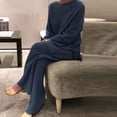 thumbnail image 4 of Traje para casa para mujer, moda de otoño, Jersey informal suave con cuello redondo, Tops + pantalón de punto, nuevo pijama para el hogar, conjunto de dos piezas liso de invierno para mujer, 4 of 4