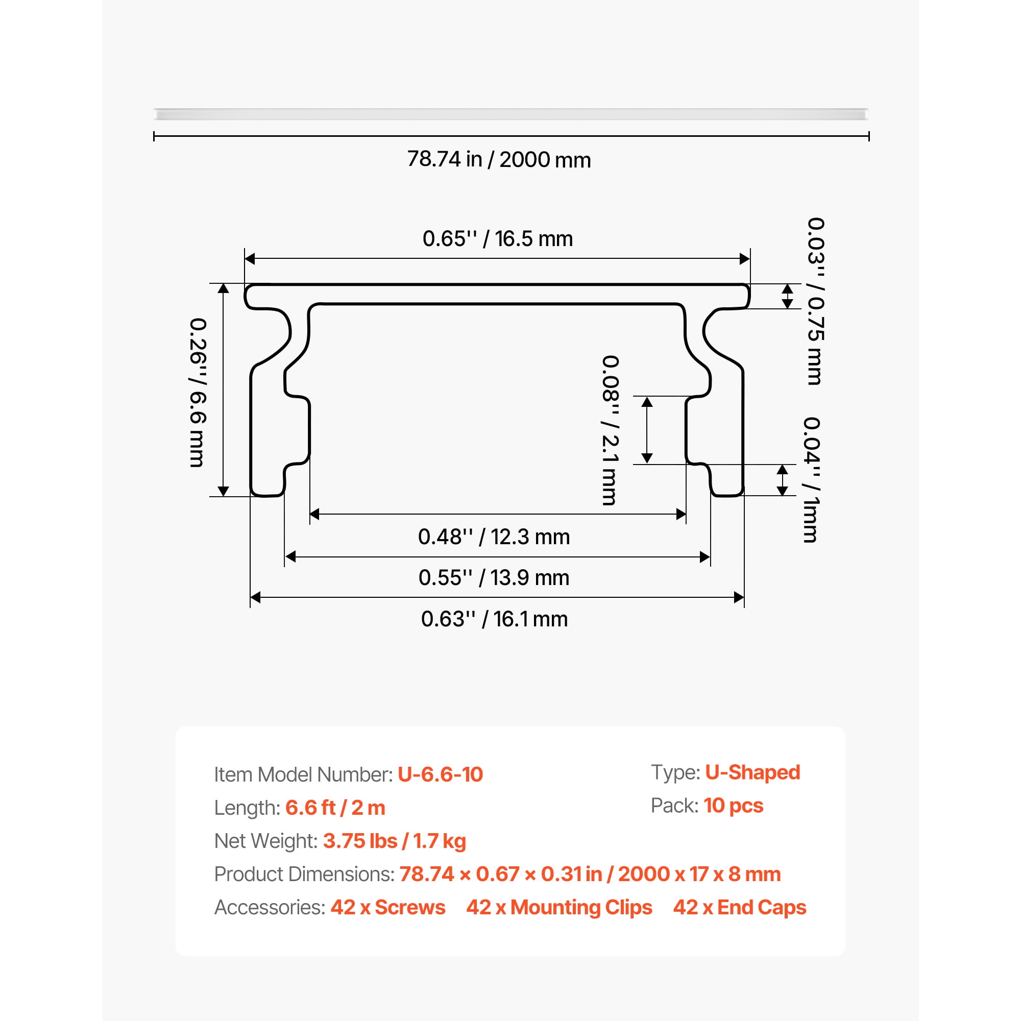 KFFKFF 10-Pack 6.6 ft/2M U-Shaped LED Aluminum Channel with Frosted Cover, End Caps, and Mounting Clips,Aluminum Profile for LED Strip Light Installations,Ideal for Under Cabinet and Counter Lighting