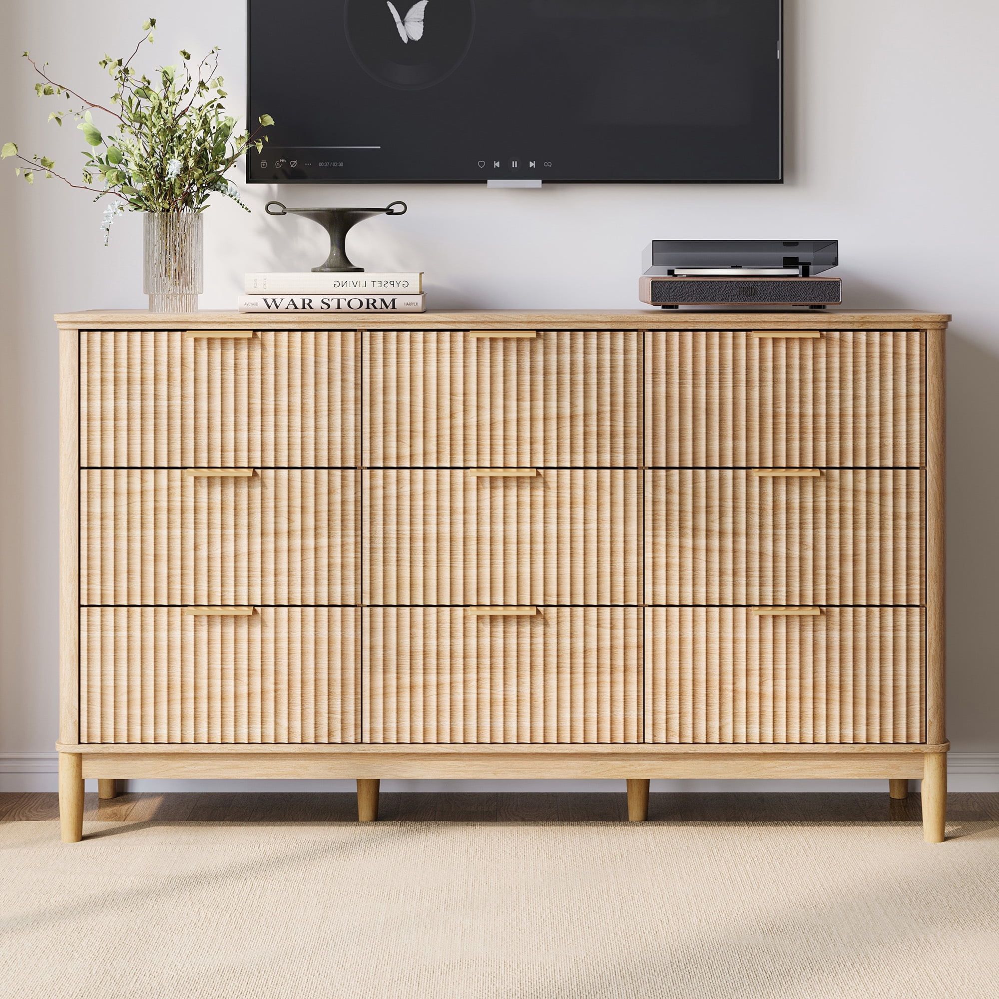 Linsy Home Oversized Fluted Dressers for Bedroom, Wide Chest of 9 Drawers, Oak