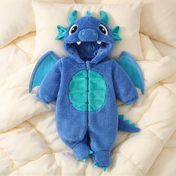 GiLiling Baby Plush Halloween Dragon Winter Warm Jumpsuit, Attached Wings, Soft Plush Fabric, Halloween Dress Up Party Photo Props (Blue, 0-1 Months)
