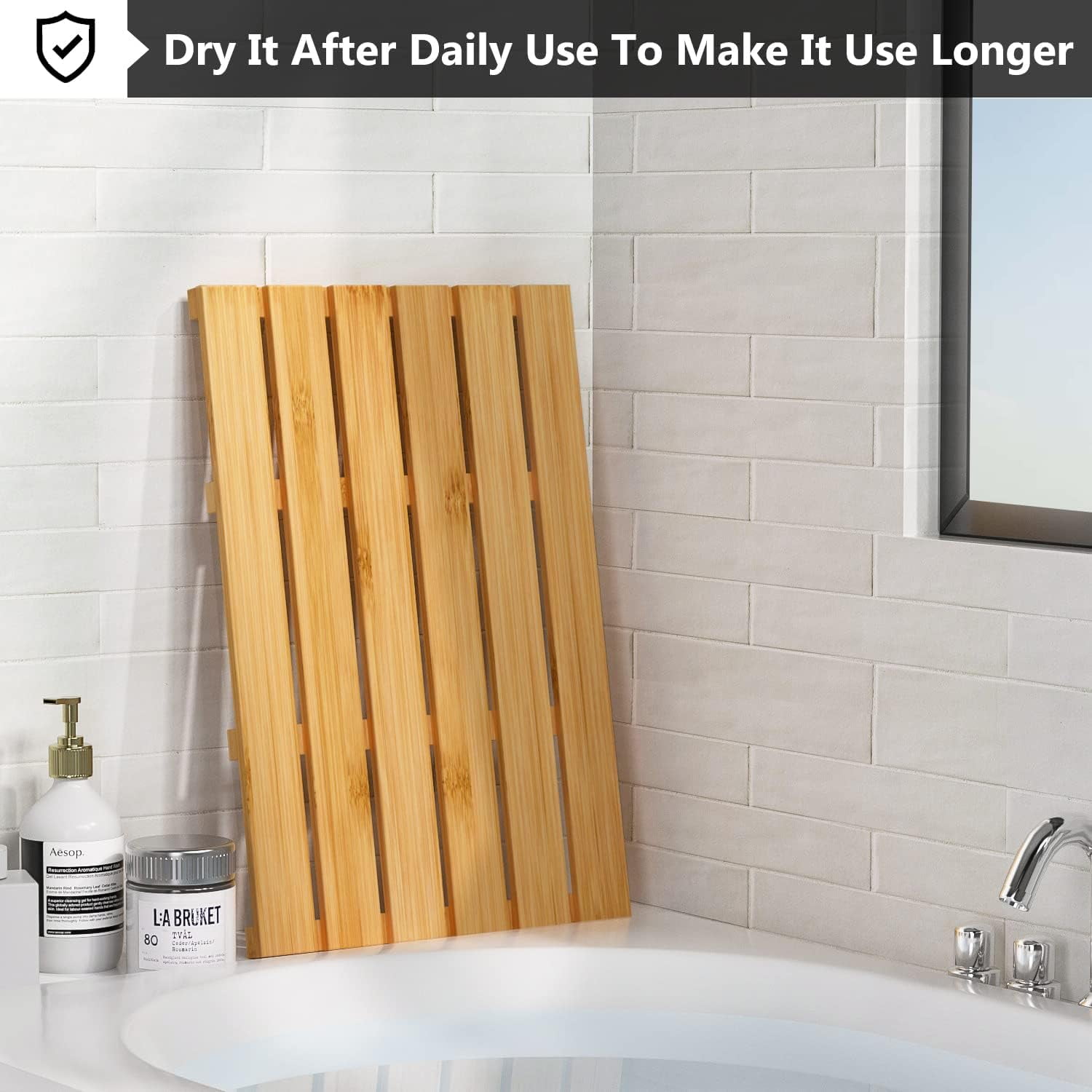 Bambloom Bamboo Bath Mat,Non-Slip Shower Mat for Bathroom,21x14in,Natural