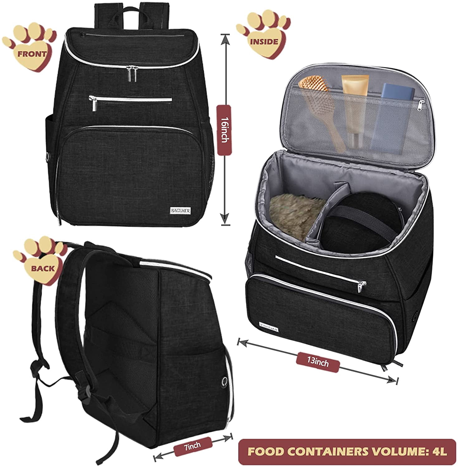 丨Dog Travel Bag Backpack, Airline Approved Pet Supplies Backpack, Dog Travel Bag with 2 Silicone Collapsible Bowls and 2 Food Baskets, Black