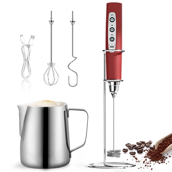 ODIFORGO Rechargeable Milk Frother Set with Stainless Steel Pitcher, 3 Speeds, 3 Whisks,Red
