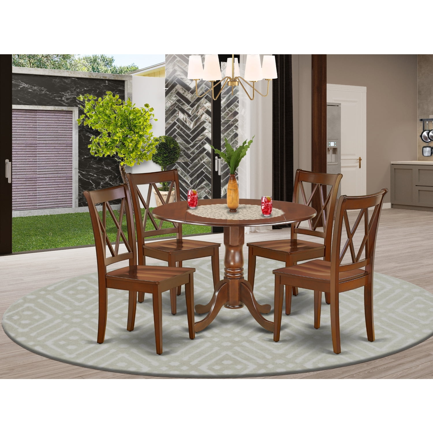 East West Furniture DLCL5-MAH-W 5PC Round 42 inch Table with Two 9-Inch  Drop Leaves and 4 Double X back Chairs 