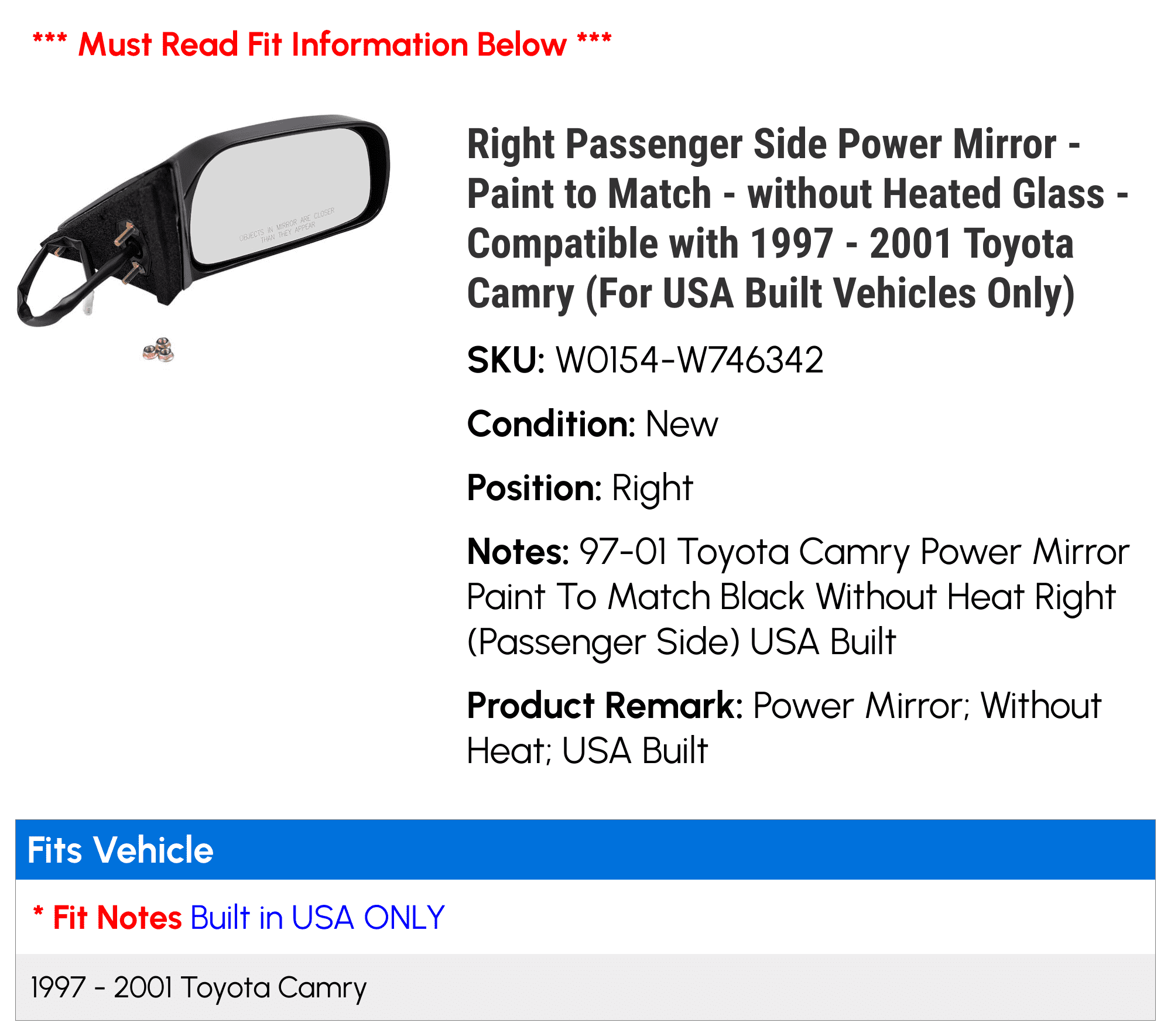 Mirror Compatible with 1997-2001 Toyota Camry Power USA Built Paintable Passenger Side 