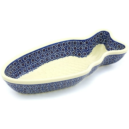 Ceramic Fish Platter Polish Pottery 14-inch Fish Shaped Platter (Daisy Dreams Theme) Hand Painted in Boleslawiec, Poland + Certificate of Authenticity ()