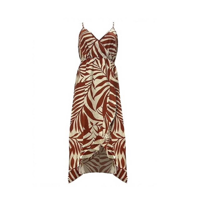 Ropa Playa Ocean Pacific para Mujer Vestido Largo Olanes Cuello V Sin Manga Elastico Hojas Cafe Talla EG