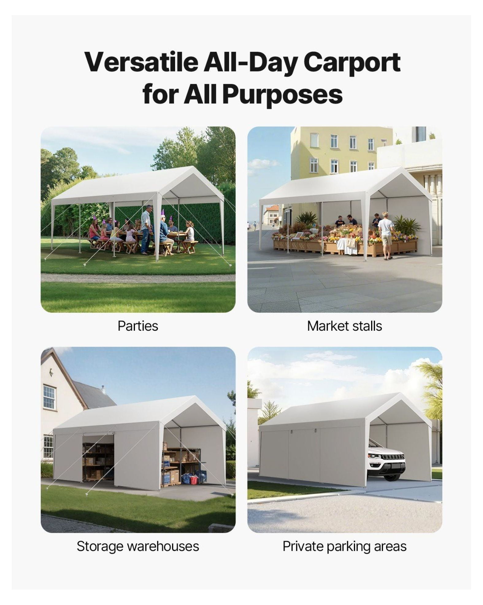 Carport Car Canopy 10x20FT Heavy Duty, Waterproof Car Shelter with Sidewalls - White Outdoor Vehicle Protection