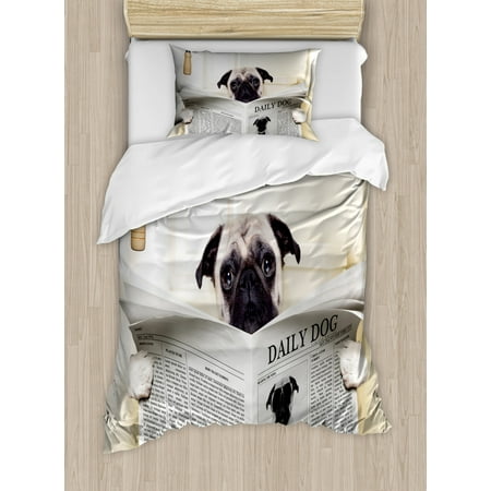 Pug Duvet Cover Set Puppy Reading The Newspaper On The Toilet