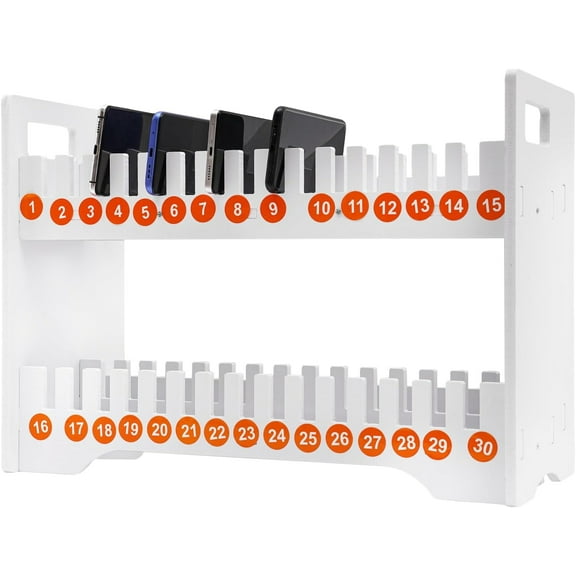 Miumaeov Cell Phone Storage 2-Tier Multiple Cell Phone Stand Rack with 1-30 Number Stickers Wooden Phone Holder Desk Organizer Storage Box