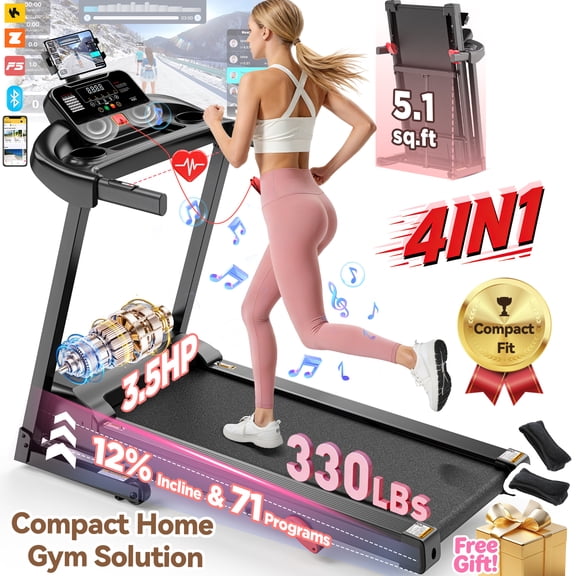 3.5HP Treadmill for Home, Foldable with 12% Incline, Free Courses, 71 Training Programs, APP Connectivity & Bluetooth Speakers, 330 lbs Capacity, 7.5MPH, Walking Jogging Exercise Machine, Knee Strap