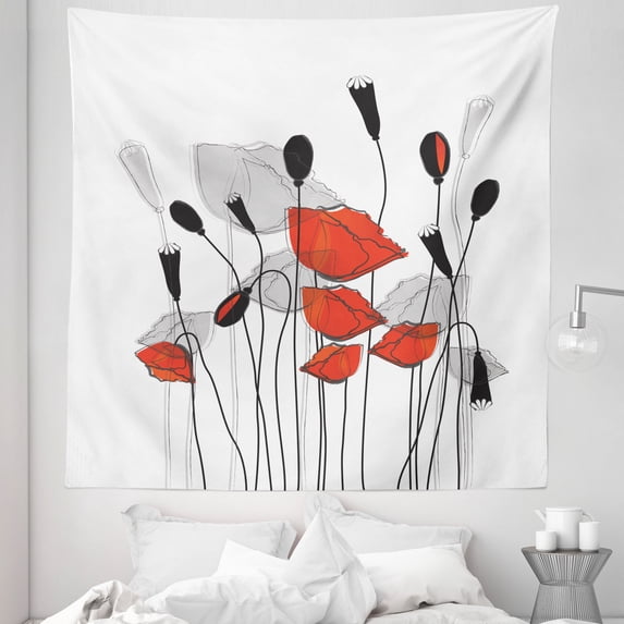 Floral Tapestry, Vintage Image of Abstract Poppy Flowers with Buds, Fabric Wall Hanging Decor for Bedroom Living Room Dorm, 5 Sizes, Vermilion Black, by Ambesonne