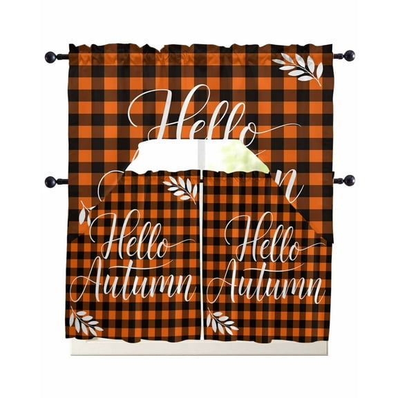 Fall Buffalo Plaid Kitchen Curtains Sets 24 Inch Length with Valance, Thanksgiving Orange Check Farmhouse Swag Valances and Tiers Curtain Set Drapes Swag Curtains for Living Room, Bathroom, Bedroom