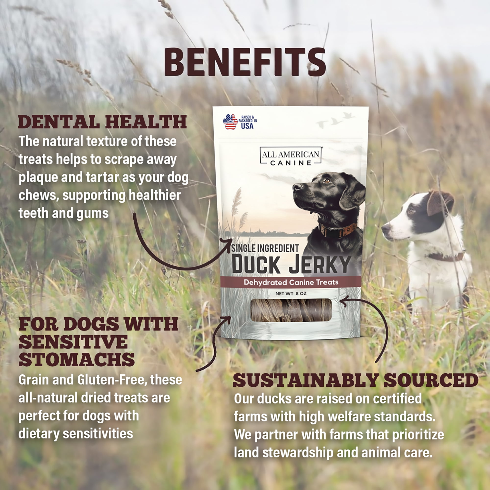 All American Canine Duck Jerky for Dogs, 8 oz Bag