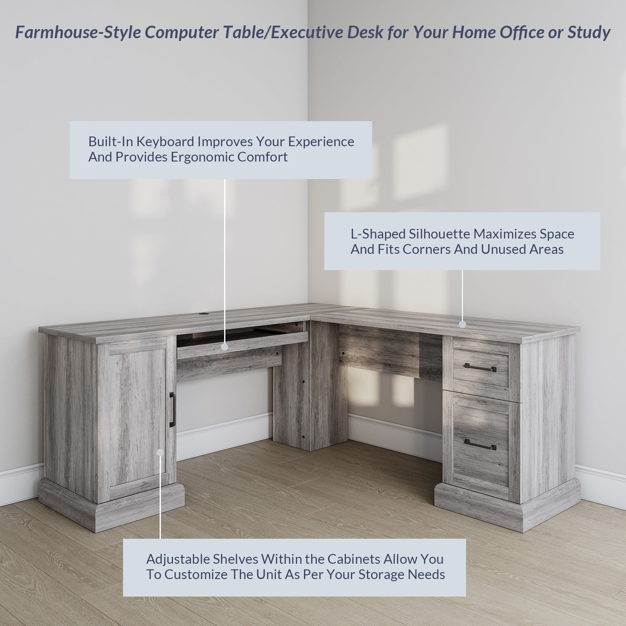 BELLEZE Modern Corner L-Shaped Home Office Computer Laptop Desk or Writing Study Workstation with Keyboard Tray, Two Drawers and Cabinet - Barlow (Gray Wash)