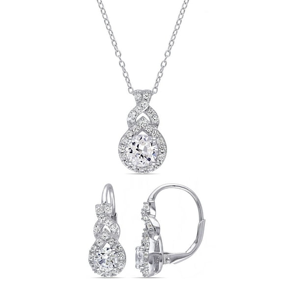 Miabella Boucles d'Oreilles et Pendentif 2 Pcs en Argent Sterling Saphir Blanc Créé T.G.W. 3-4/5 Carat, 18 Pouces