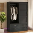 thumbnail image 3 of Tall Bedroom Armoire with Barn Door Design, 4 Drawers & 4 Open Shelves, Space-Saving Clothing Storage Cabinet with Hanging Rod for Dresses & Coats, Durable MDF Construction, 3 of 9