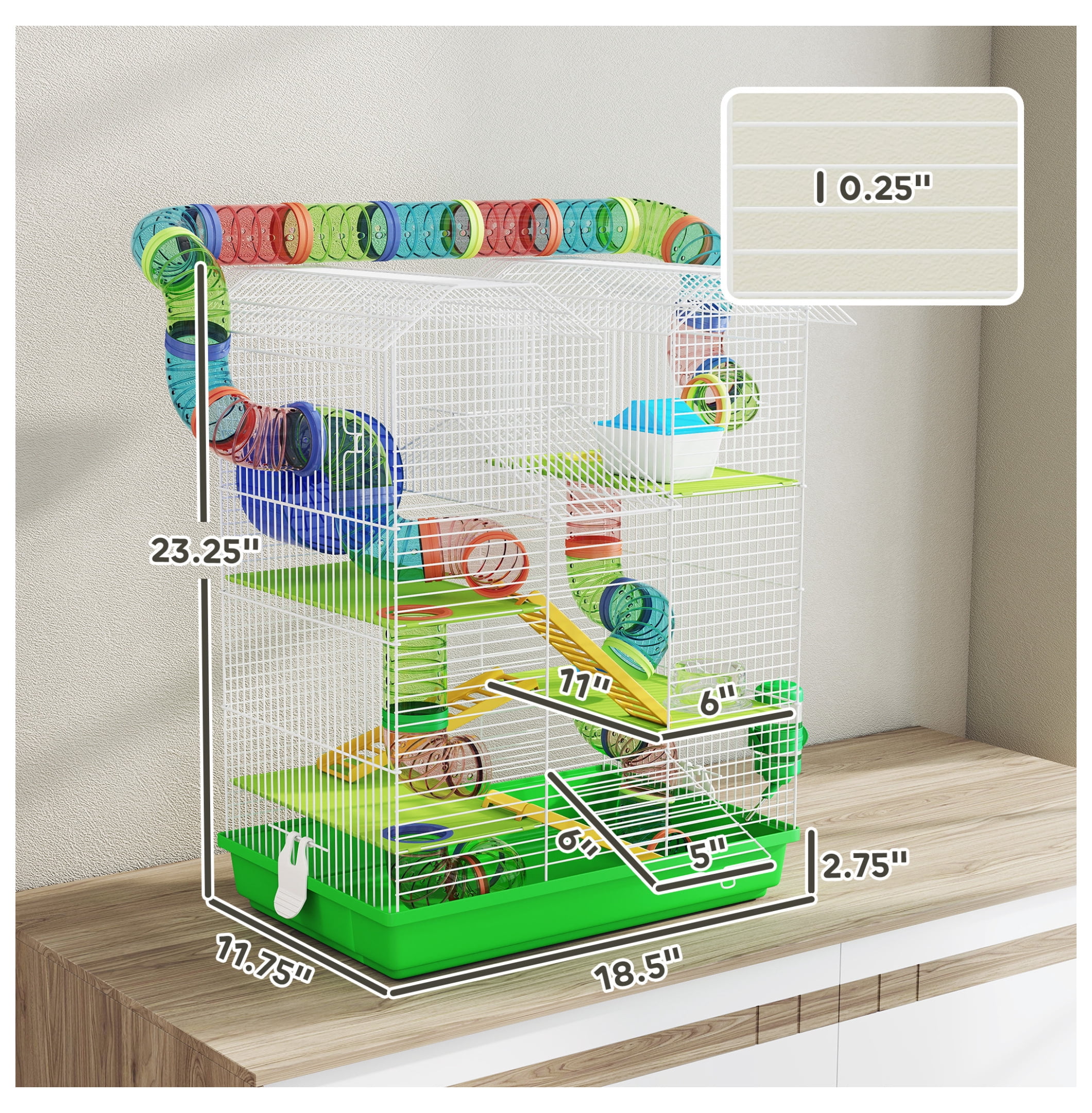 Hamster Cage 5 Tier with Tubes & Wheel, Small Animal Cage for Gerbil Rats, 18.5 Inch Green Habitat