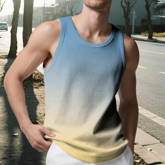 Mens Big & Tall Tank Tops S-5X Plus Size Sleeveless Crewneck Shirts Casual Gradient Printed Pullover Slim Breathable Gym Athletic Workout Vests