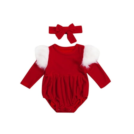 

ZIYIXIN Infant Baby Girls Christmas Romper Puffy Sleeve Fluffy Long Sleeve Bodysuit Xmas Outfit with Headband Red 0-6 Months