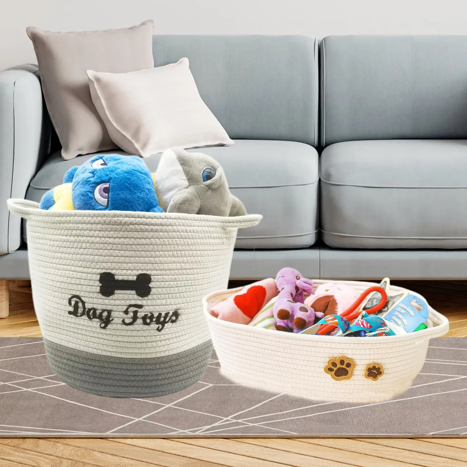 Jumpress Dog Toy Basket, Quality Cotton Rope Dog Toy Storage with Handle, Durable Toy Bin Box for Dog/Cat/Pet Toys, Accessories, Blanket & Leash (#2 Beige Gray, 12’’x12’’x11’’)
