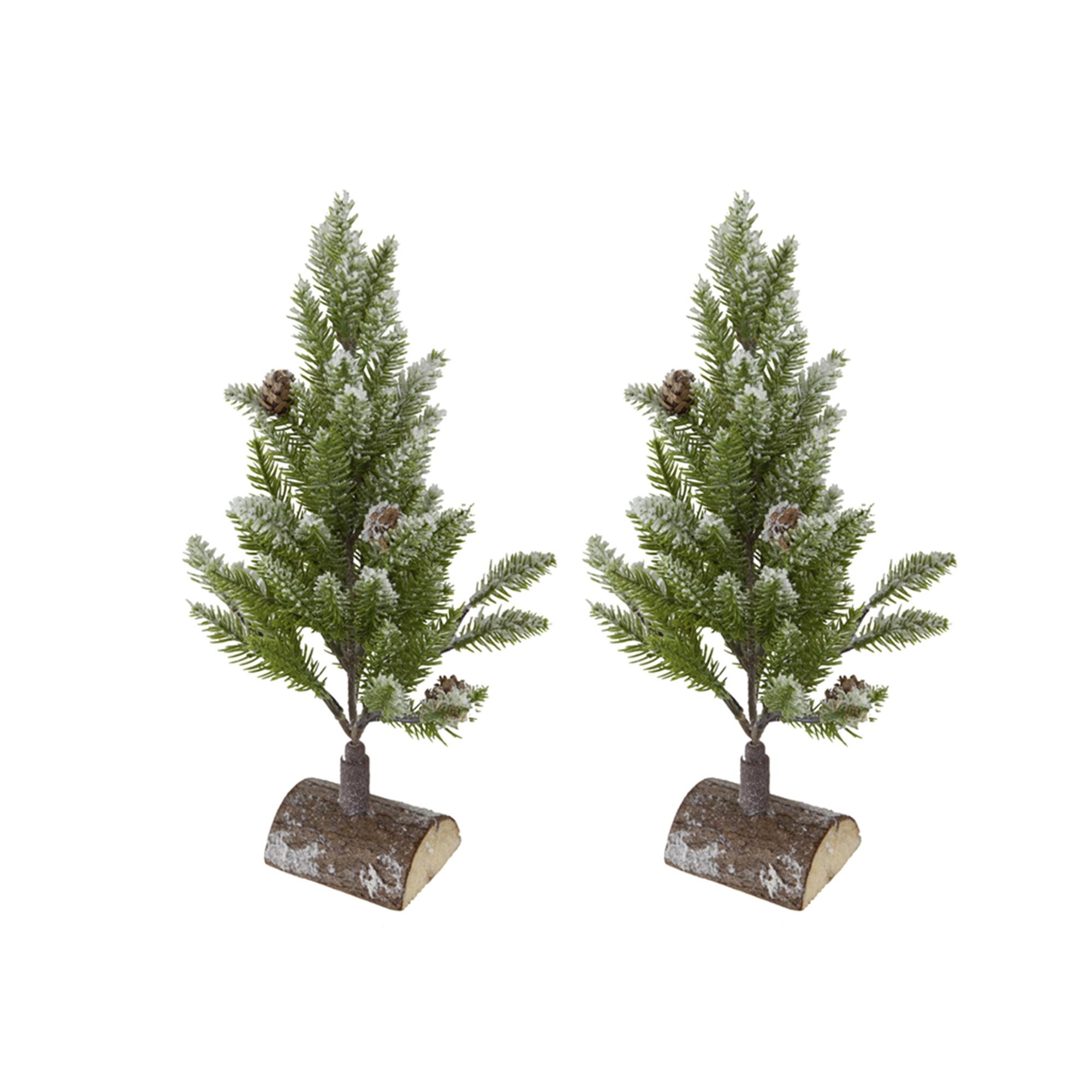Set of 2 Snowy PVC Christmas Tree on Wood Base 13.5 Inch Tabletop Holiday Centerpiece Decor