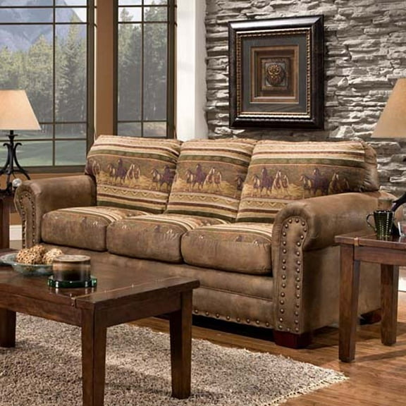 3-Seater Rolled Arm SofaRustic Brown Living Room SofaSolid Wood Frame & Tapestry Design