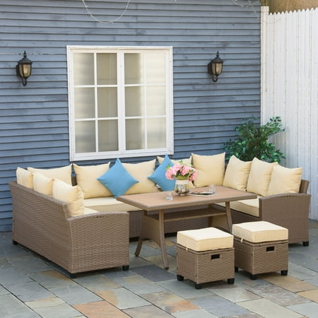 Outsunny Patio Furniture Sectional Sofa w/ Ottomans & Table Khaki