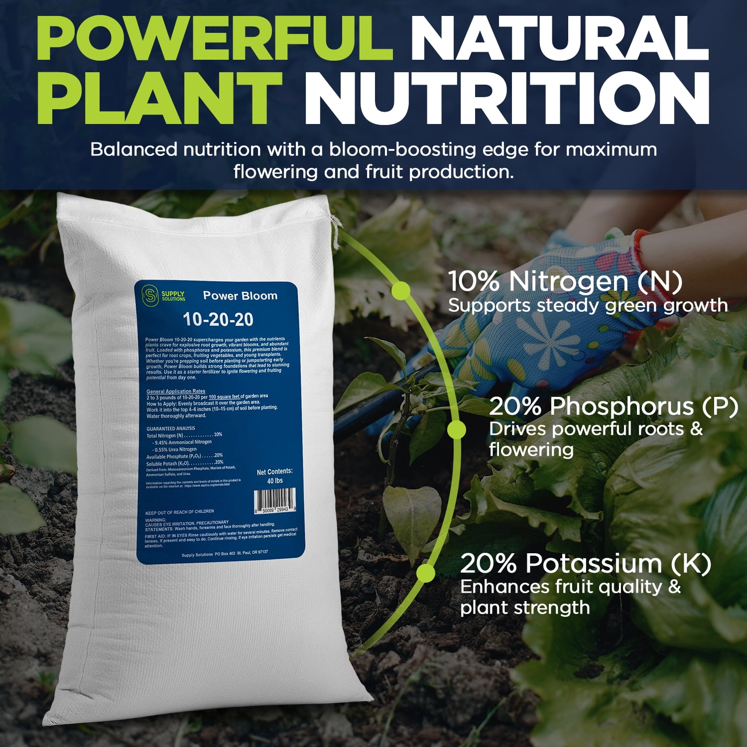 Supply Solutions | Power Bloom 10-20-20 Fertilizer | Bloom Booster Fertilizer for Flowers and Plants, High Phosphorus NPK Fertilizer for Vegetable Garden, Fruit Tree and Flower Fertilizer - 40lbs