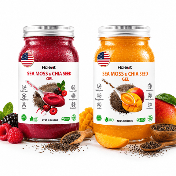 Halevit | Irish Sea Moss Gel | Sea Moss, Chia Seeds, Berry, Mango | Pack Of 2 Jars | Made In USA